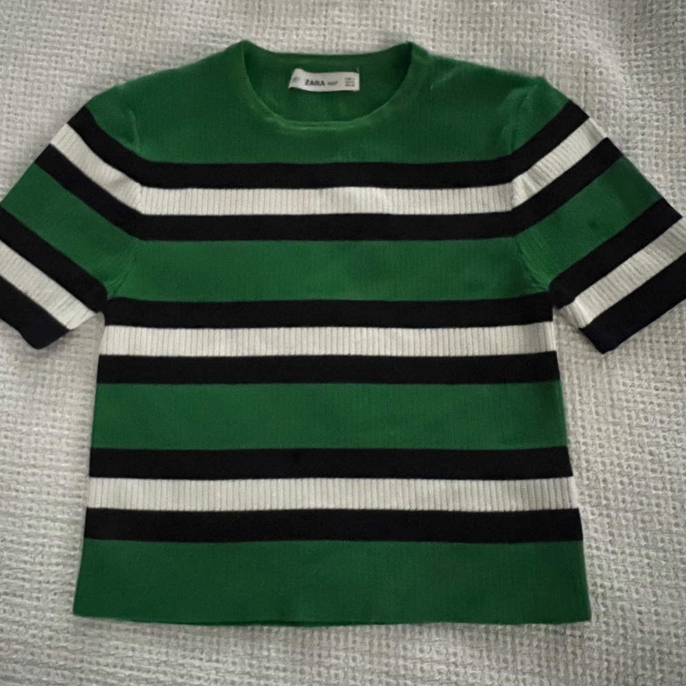 Zara Green, Black & White Striped Short Sleeve Knit